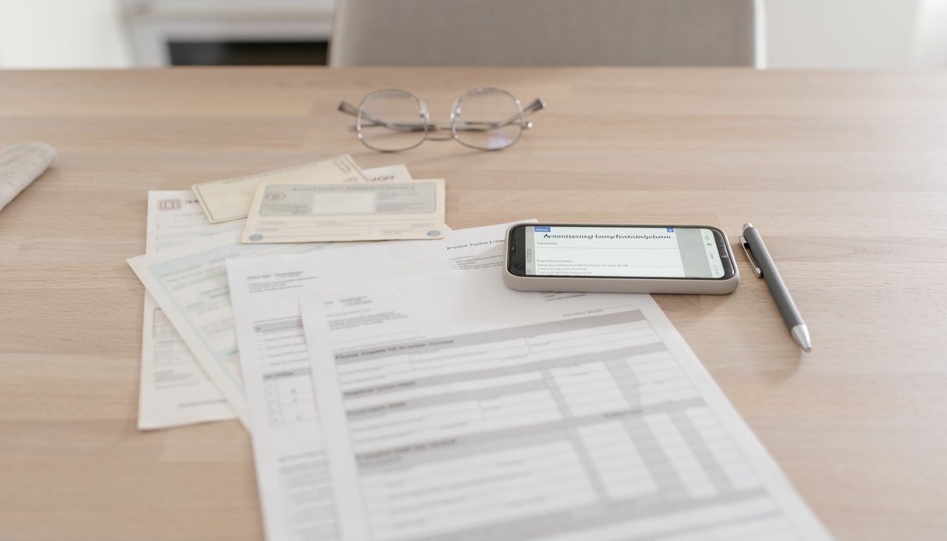 Retrofit paperwork on a table: permit card, inspection sign-off, invoice and a property tax claim form