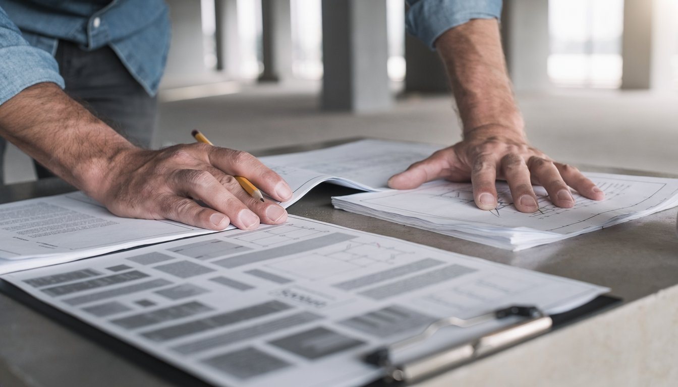 Engineer reviewing building plans and a seismic evaluation report inside a commercial building