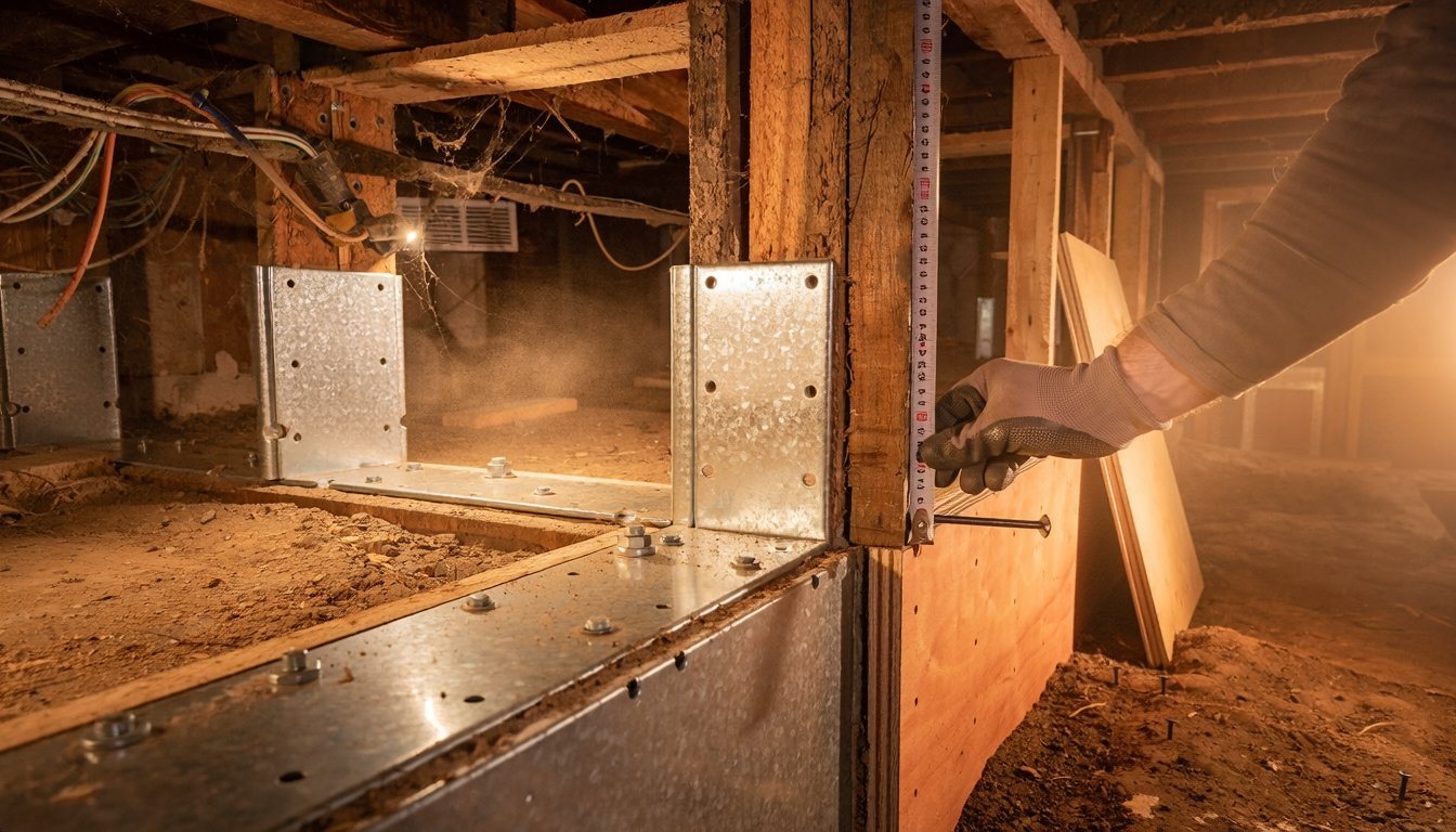 Contractor measuring a cripple wall in a Los Angeles crawl space next to new foundation plates