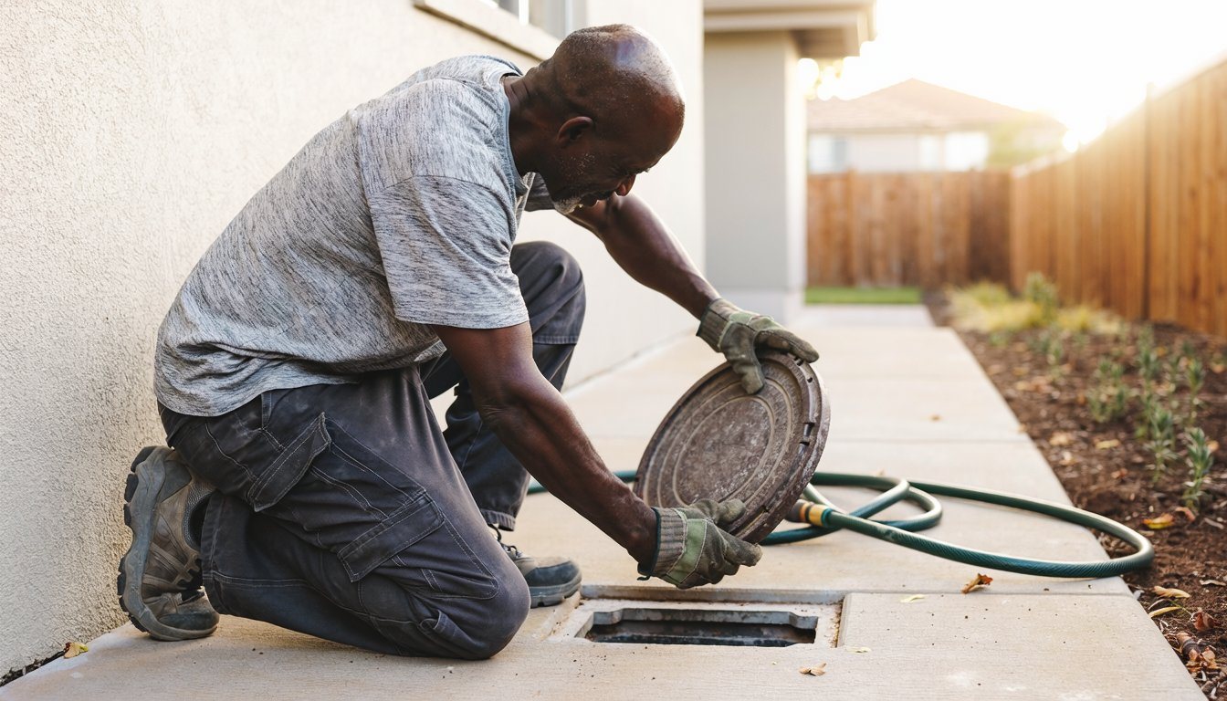 Homeowner lifting the access cover to check a backwater valve