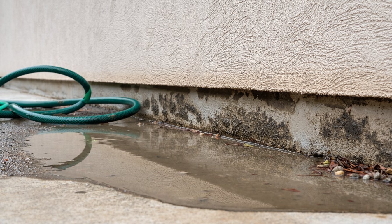 Water pooling against a house foundation, a sign to call a licensed contractor directly