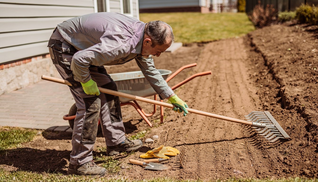 Landscaper regrading soil in a backyard to redirect water away from the house