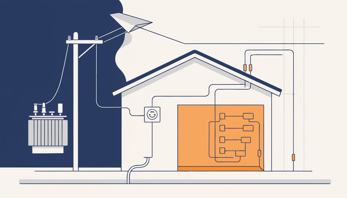 Diagram showing the utility side and homeowner side of a house electrical service, divided at the meter
