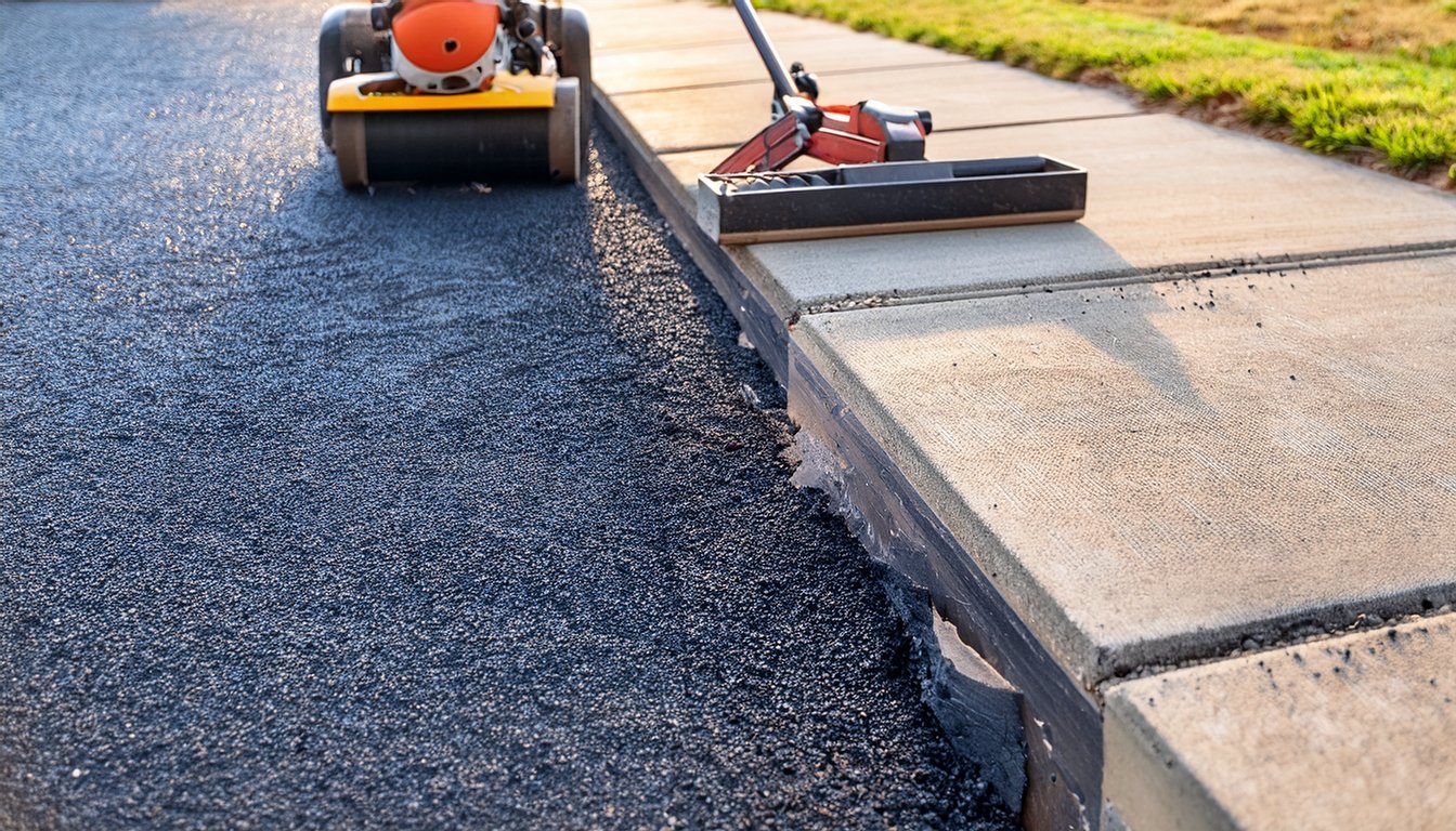 Fresh asphalt patch across a driveway where a trench was dug and backfilled