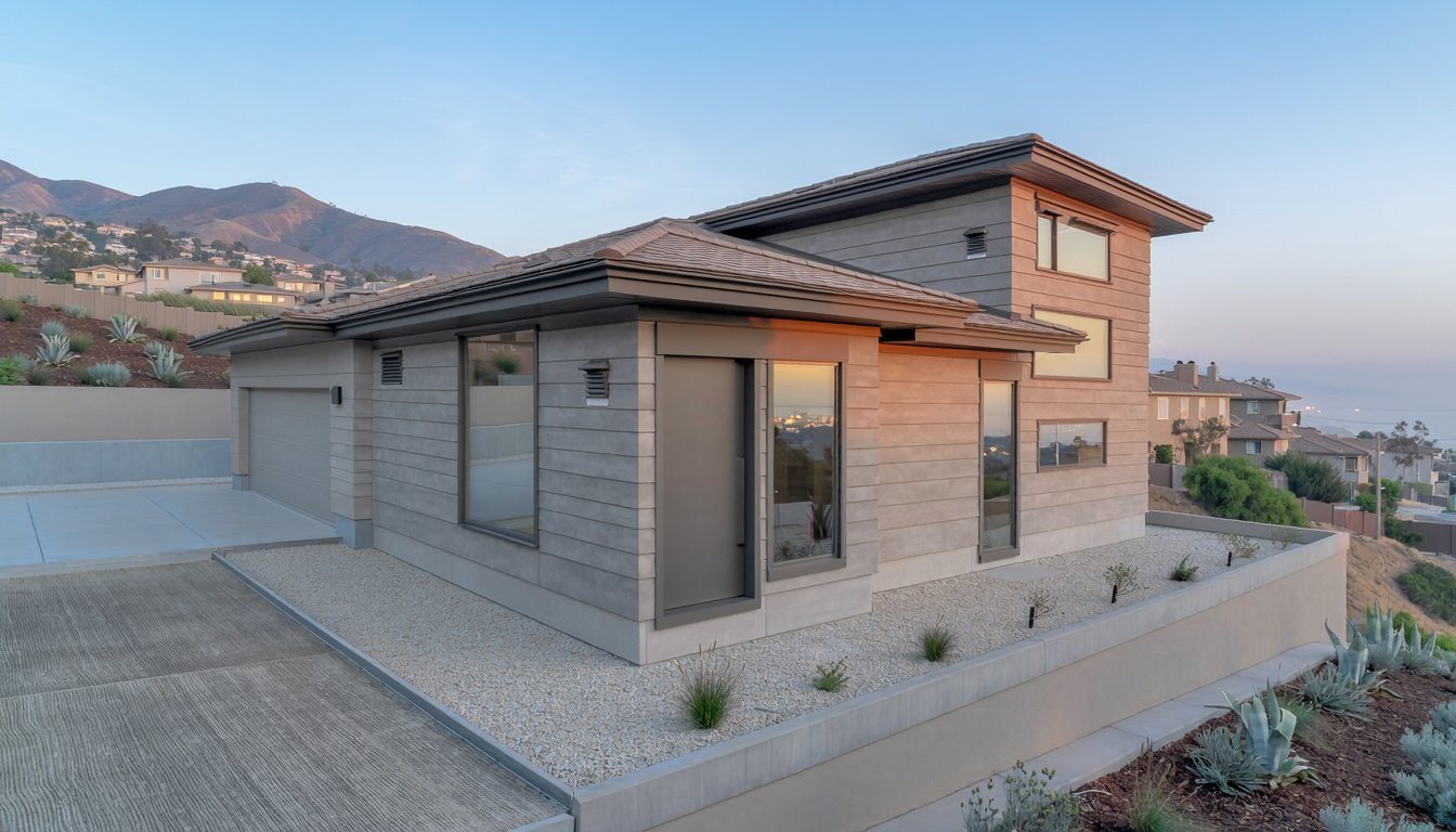 Newly rebuilt fire-resistant home with a noncombustible five-foot perimeter in a Los Angeles hillside neighborhood