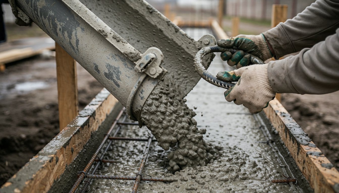 Concrete mixer chute pouring concrete into a footing form with rebar