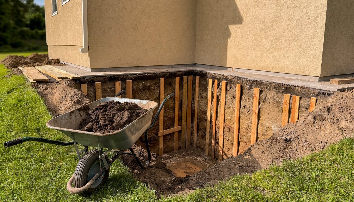 Access pit dug beside a house foundation for tunneling under the slab