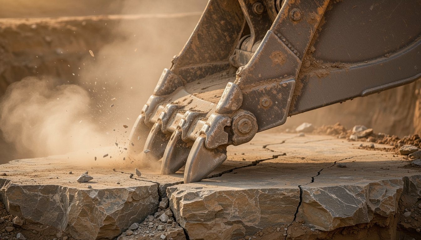 Excavator bucket striking exposed rock at the bottom of a dig Our <a href=