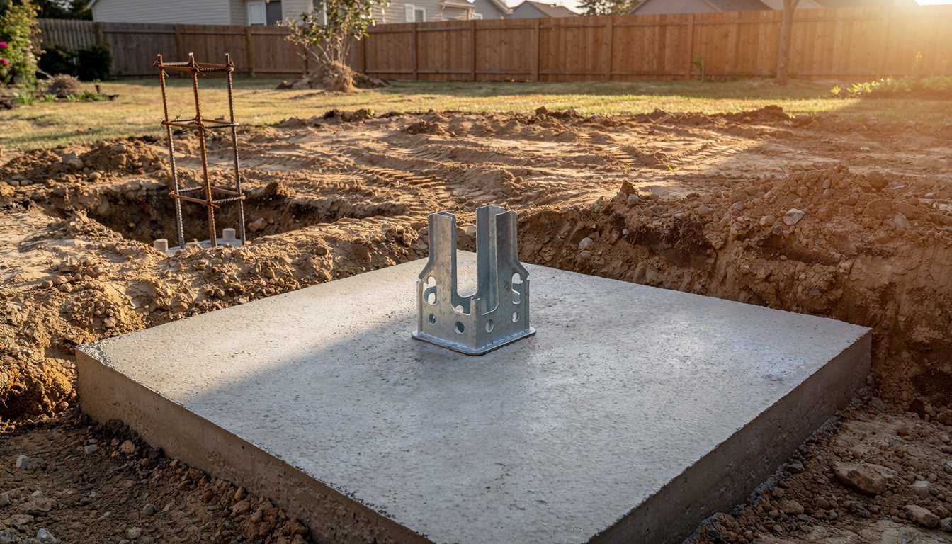 Freshly poured square pad footing with a post anchor