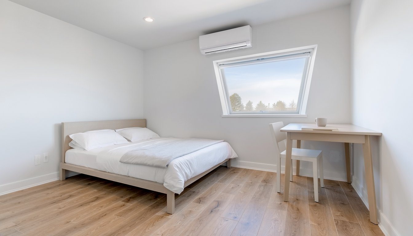 Finished bedroom converted from a garage in Los Angeles with a mini-split and a large egress window