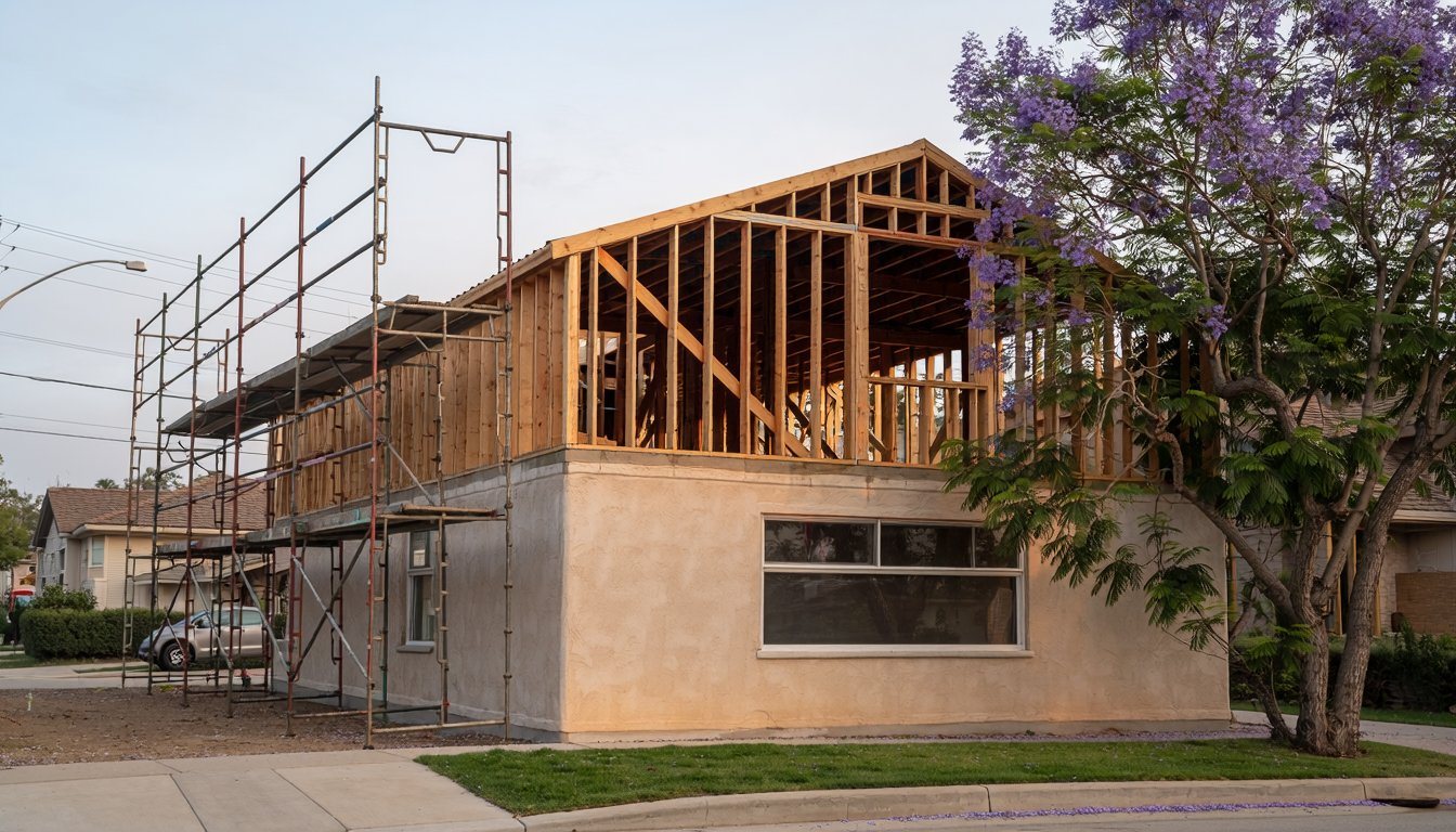 Second-story addition being framed on a single-story bungalow in Los Angeles