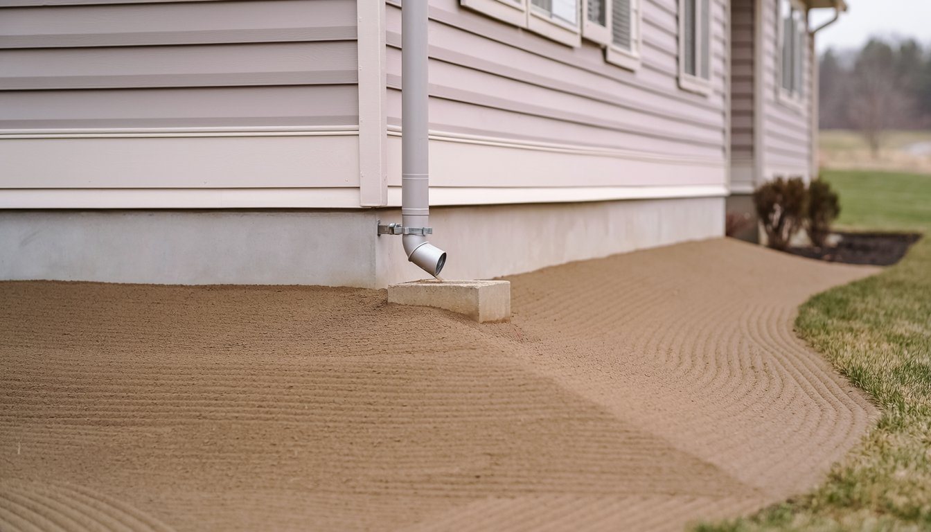 Finished ground sloping away from a house foundation toward a shallow swale