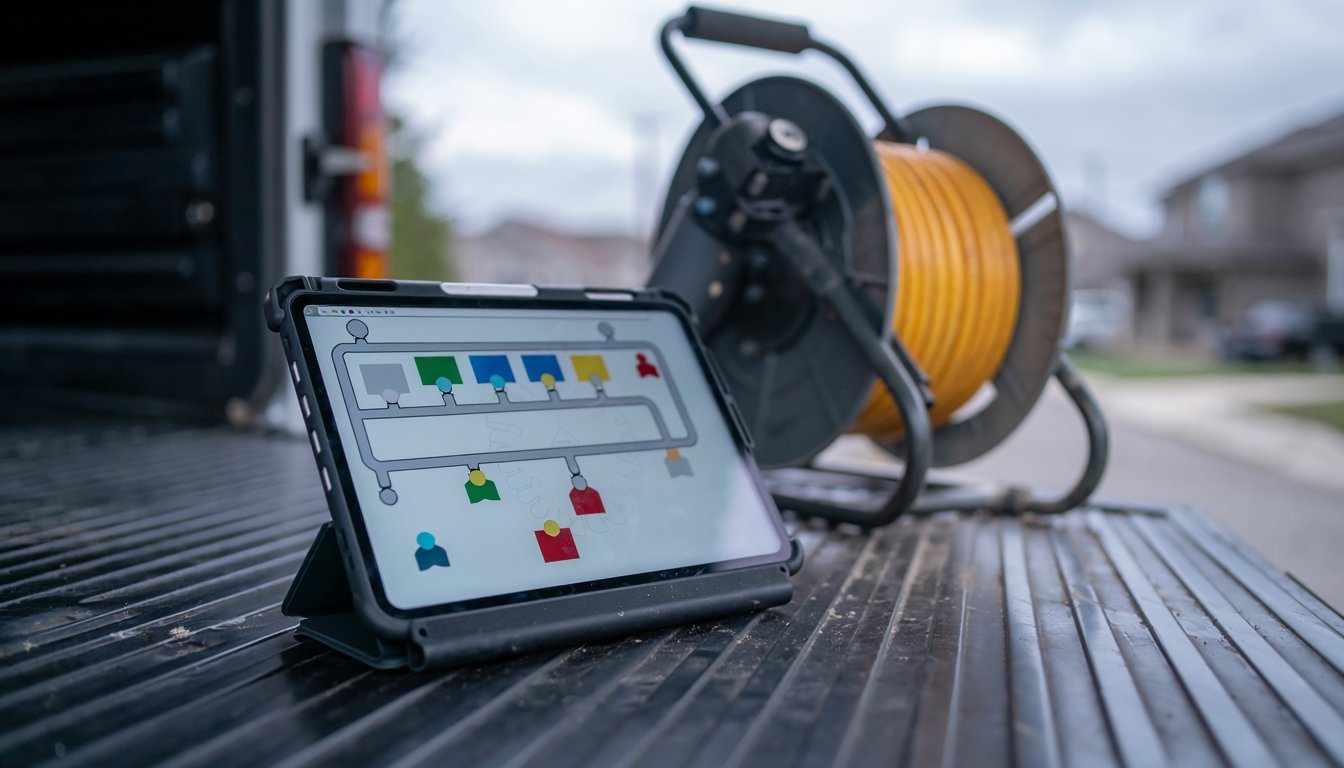 Tablet showing a sewer inspection report next to a sewer camera reel