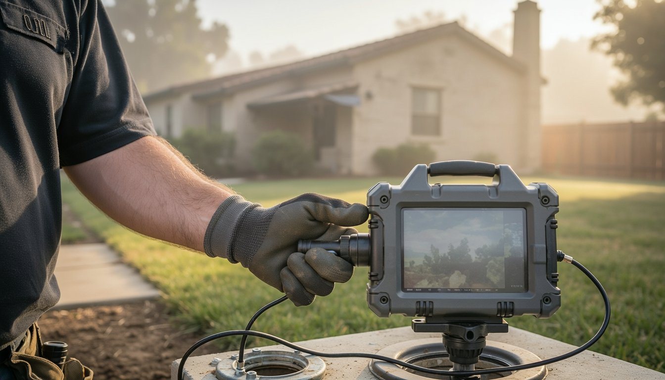 Technician checking a sewer camera inspection monitor at a cleanout in Los Angeles