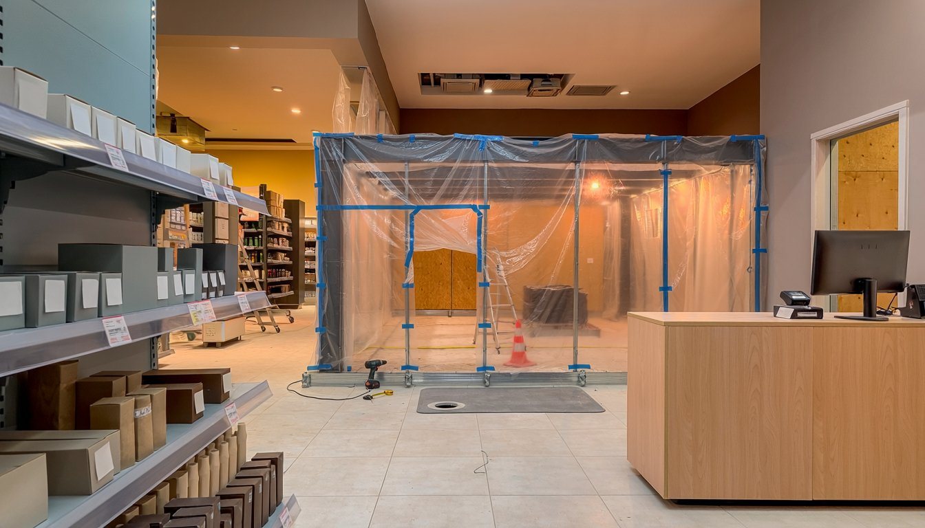 Retail space staying open while one section is closed off for seismic retrofit work