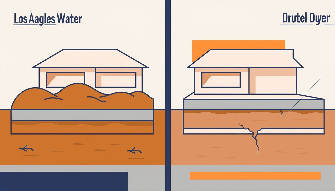 Cross-section showing clay soil swelling in winter and shrinking in summer under a Los Angeles slab foundation