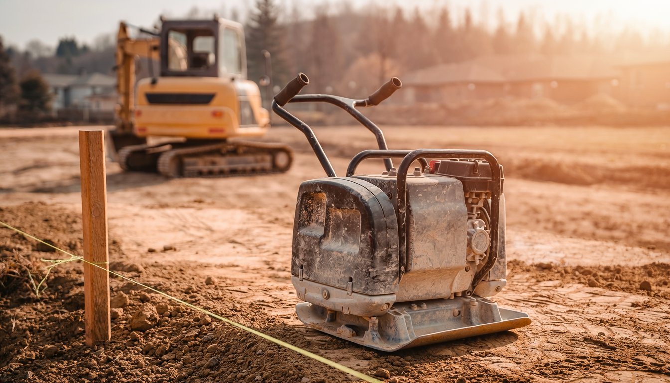 Plate compactor on fill soil with a grade stake and string line on a building pad