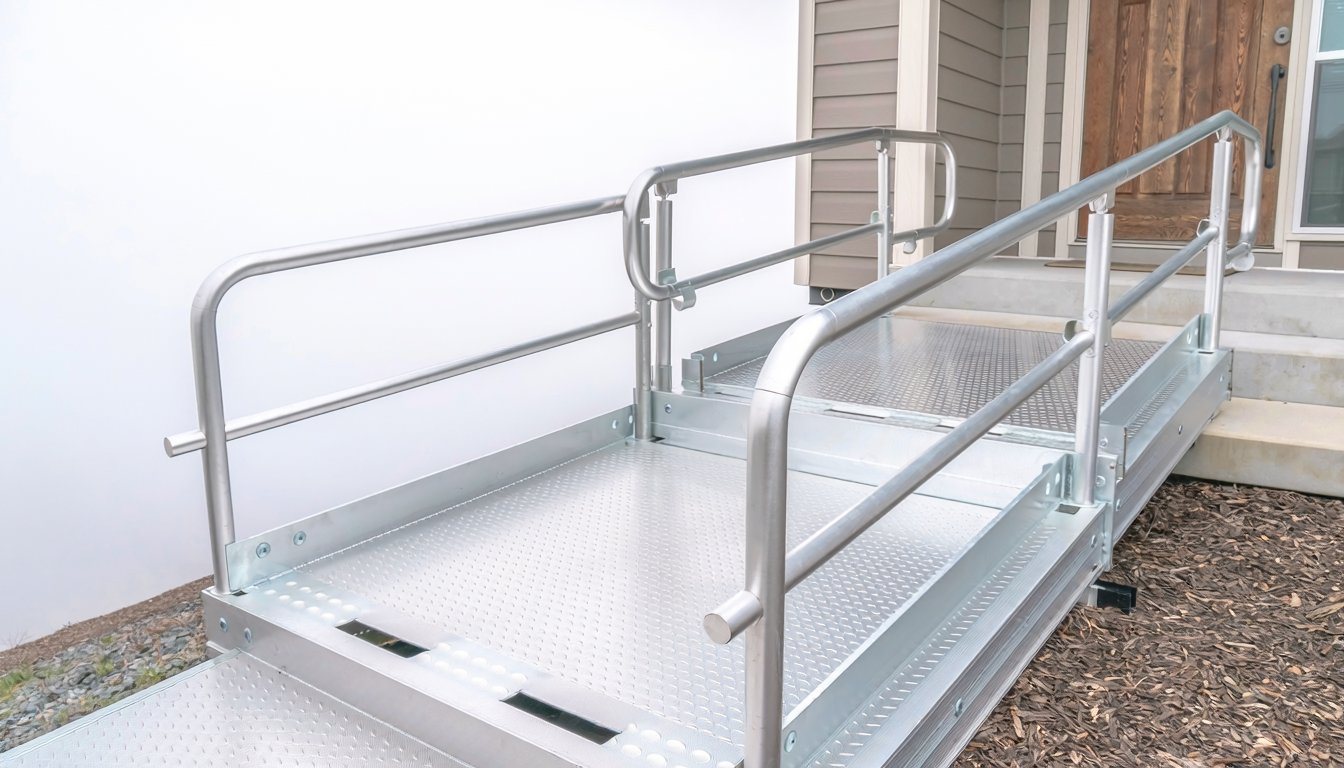 Modular aluminum wheelchair ramp with a switchback turn and landing beside entry steps