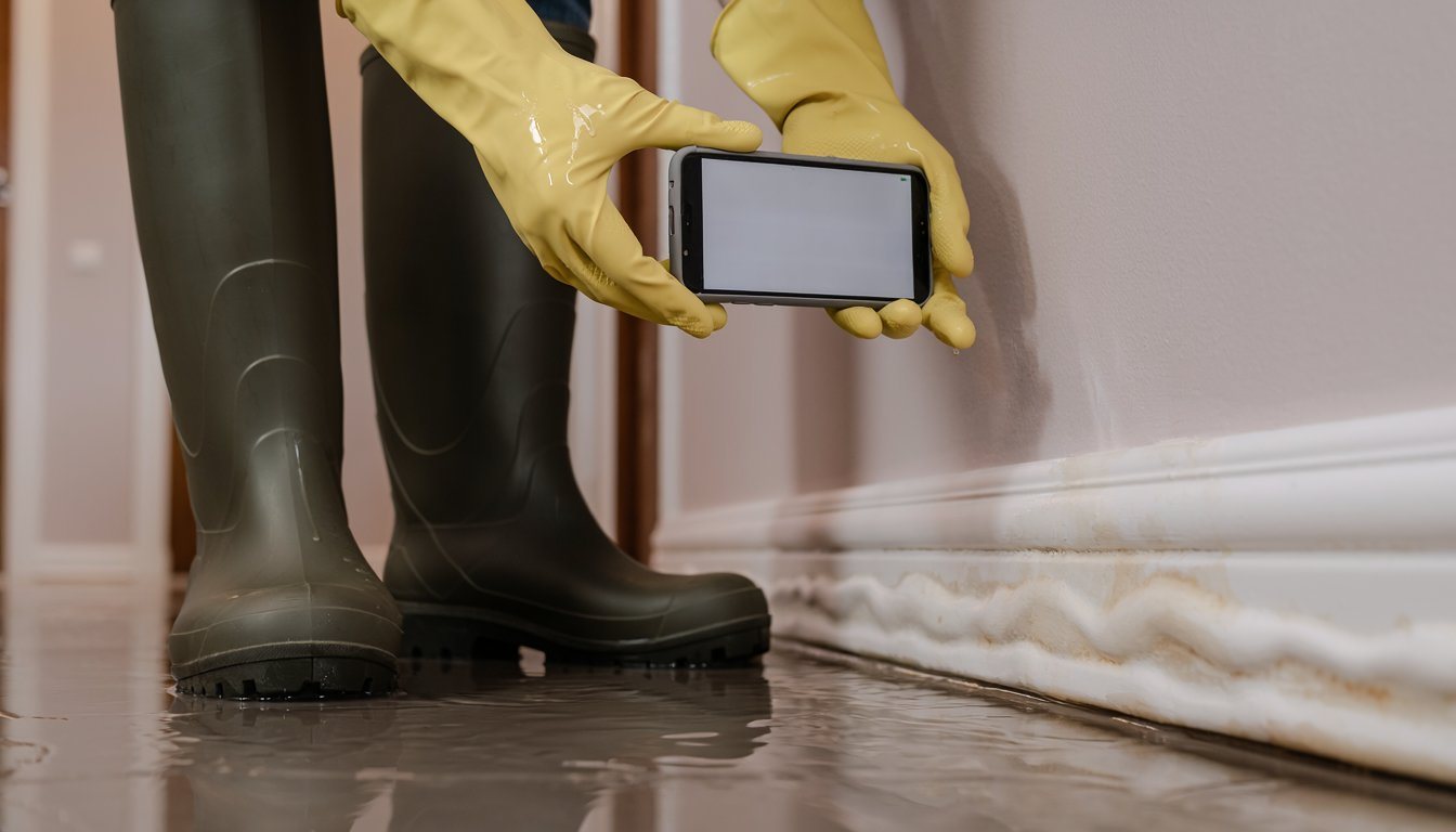 Homeowner in rubber boots and gloves photographing sewer backup damage with a phone
