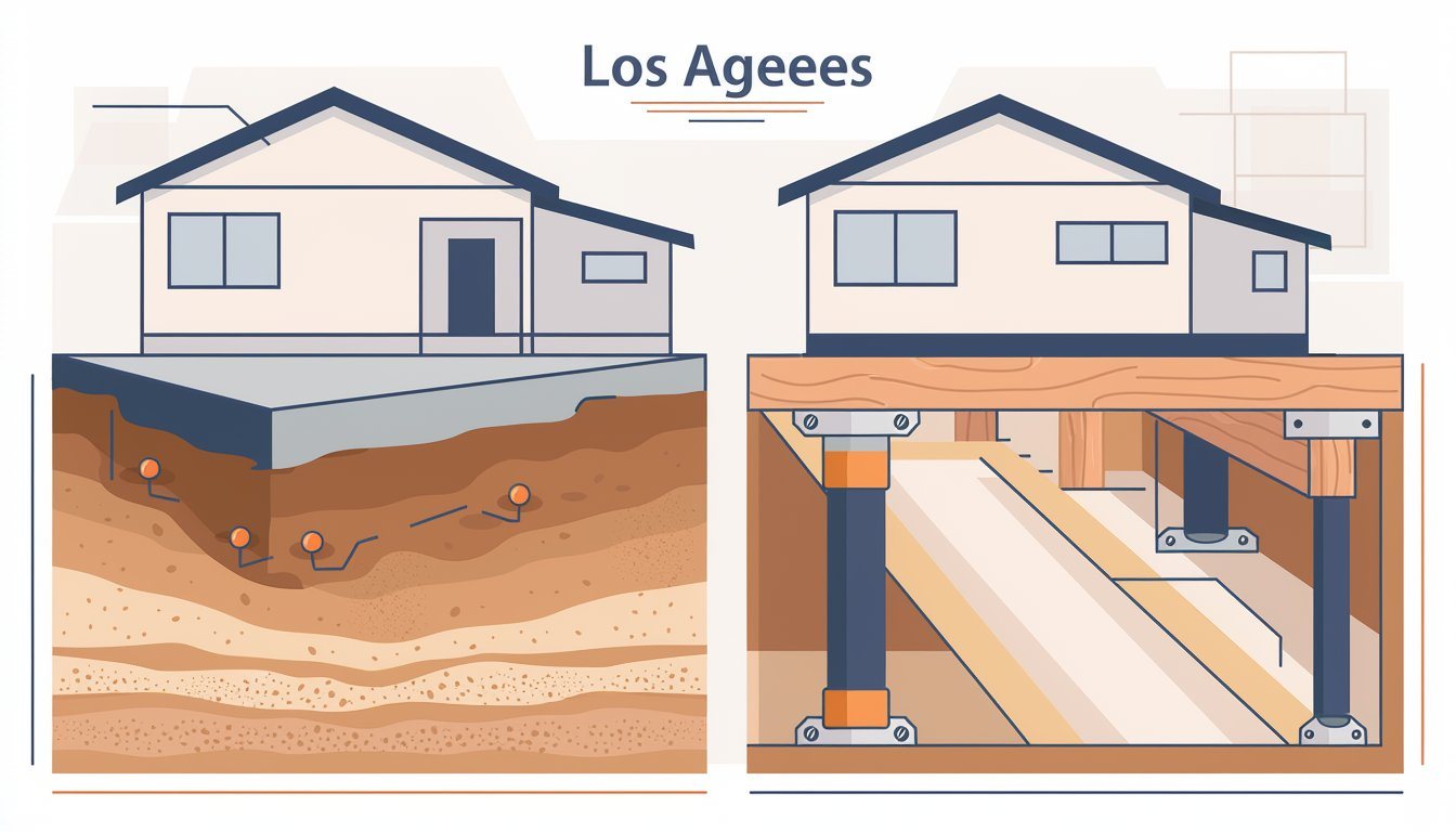 Illustration comparing slab foundation leveling and raised foundation pier repair on Los Angeles houses