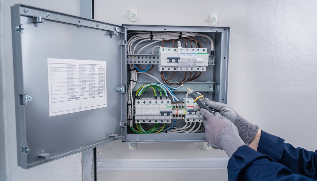 Newly installed breaker panel with neat wiring being tested before inspection