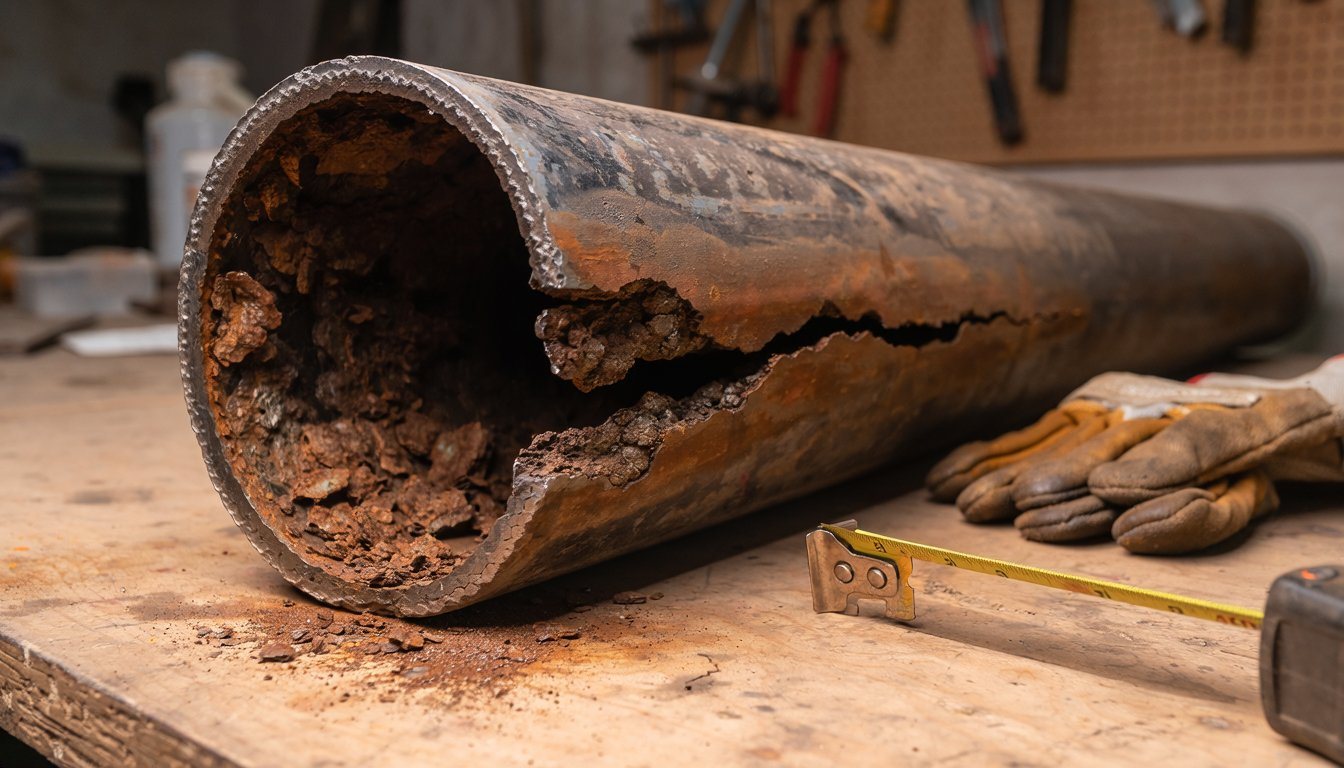 Removed cast iron sewer pipe cut open to show a corroded, cracked bottom