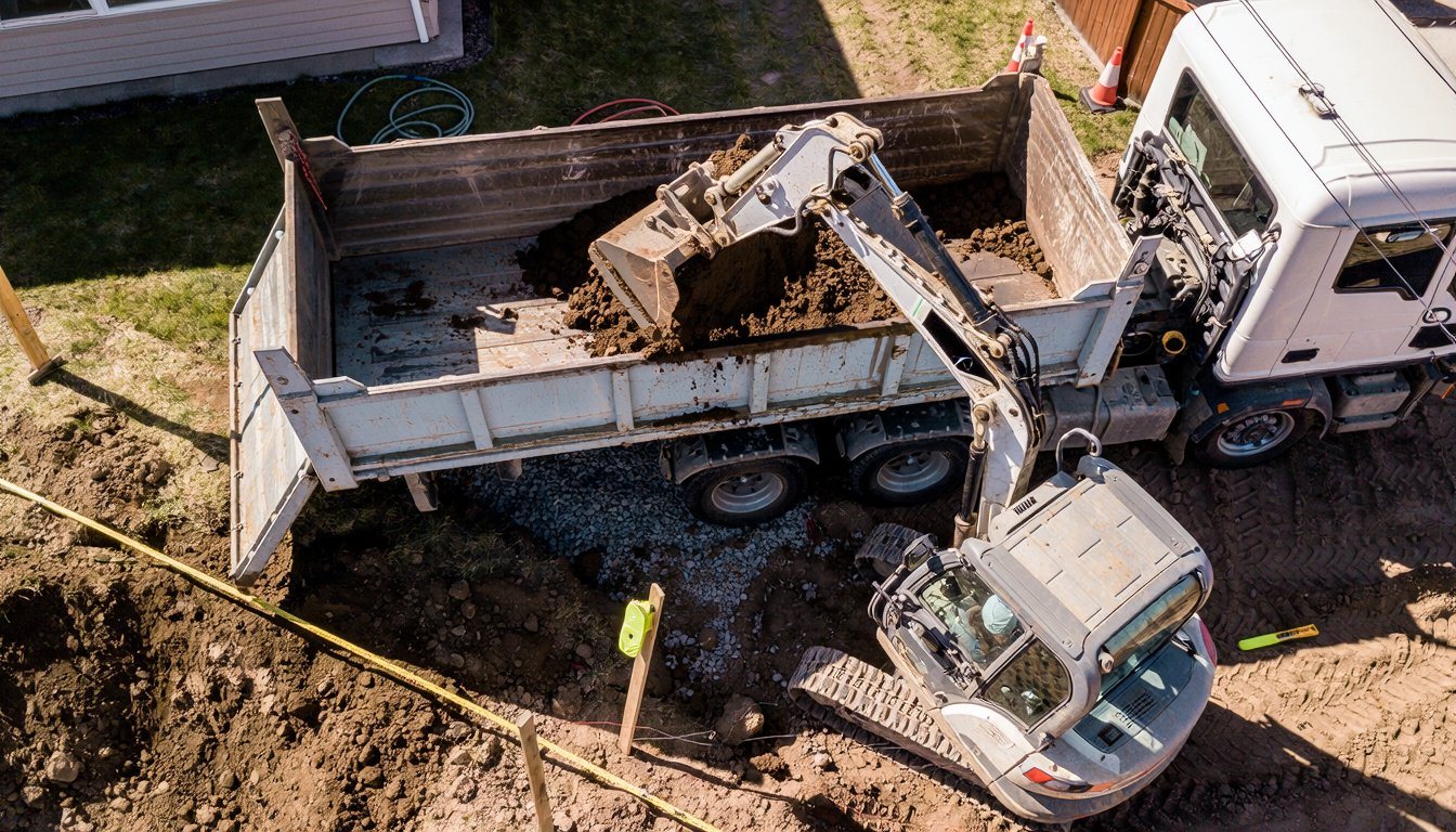 Dump truck being loaded with excavated soil on a residential job site