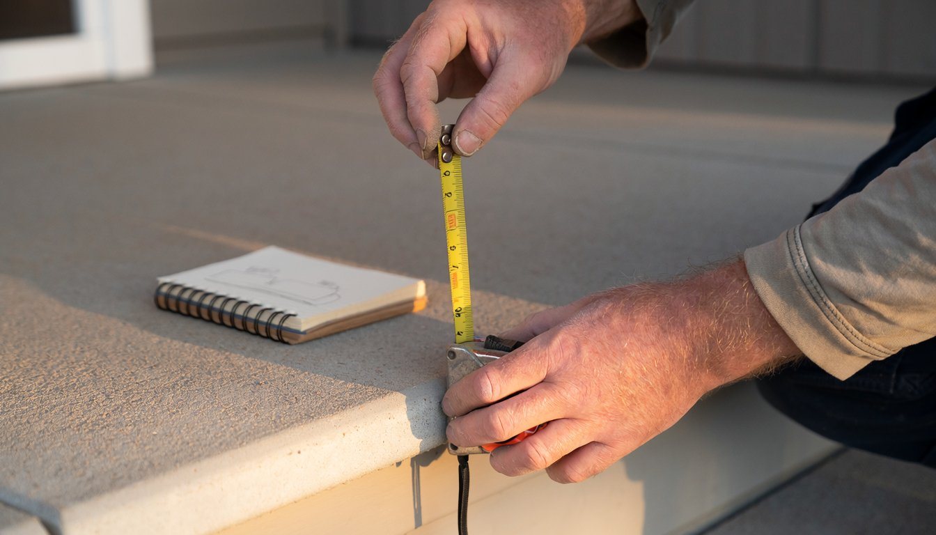 Measuring the rise from a walkway to the top of a porch step with a tape measure