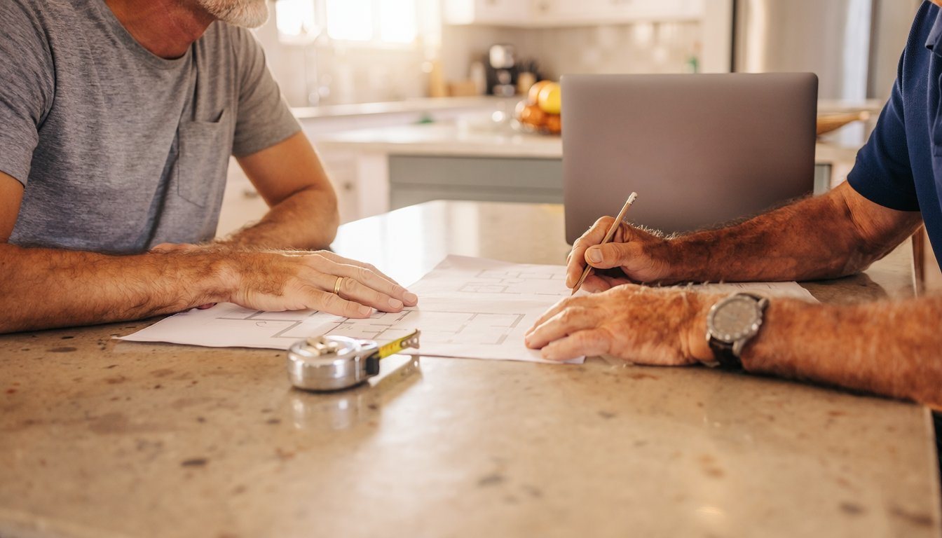 Homeowner and contractor reviewing floor plans for a room addition at a kitchen table Our guide to <a href=