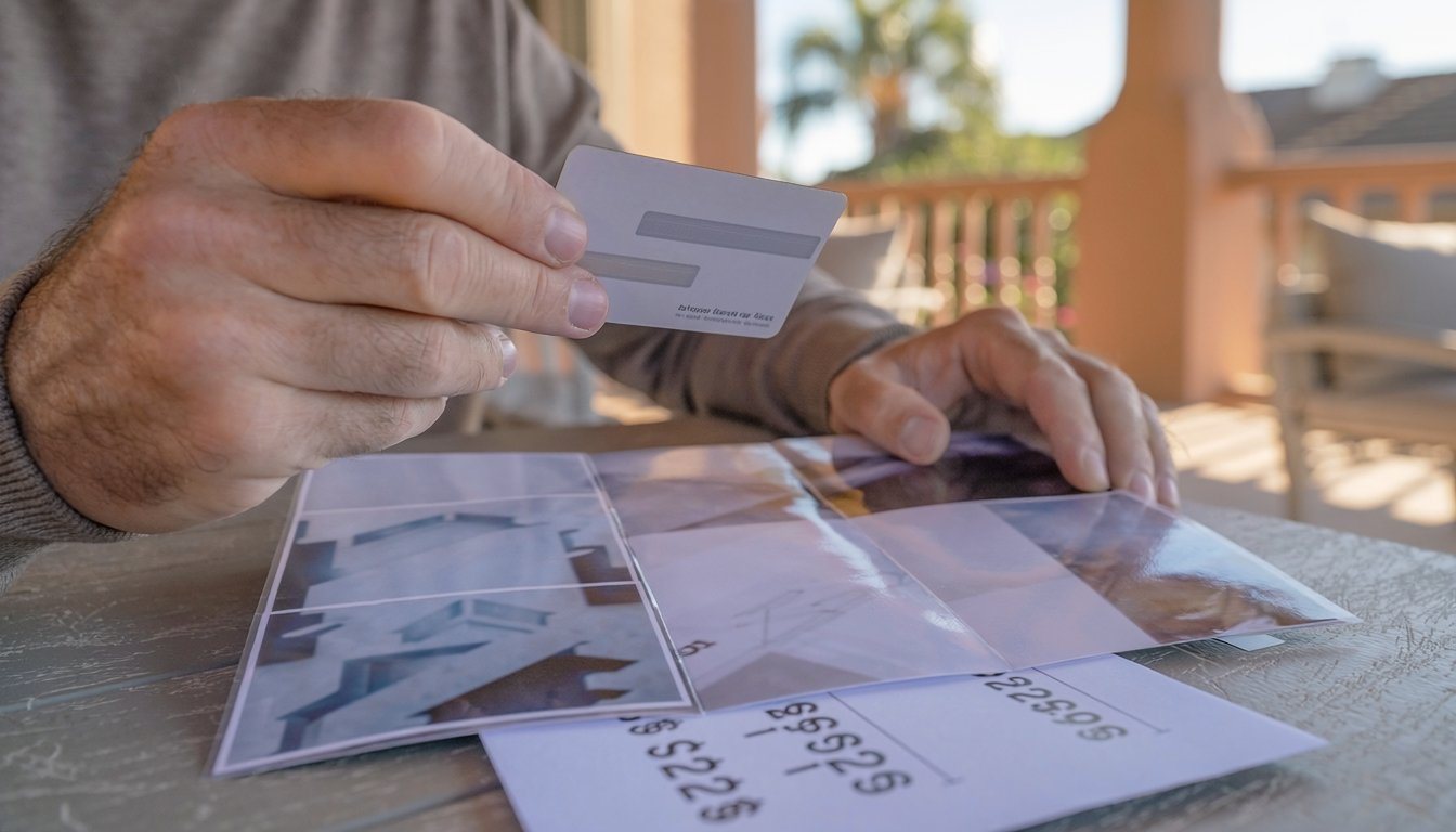 Homeowner reviewing a foundation repair company's pamphlet and quote on a porch table
