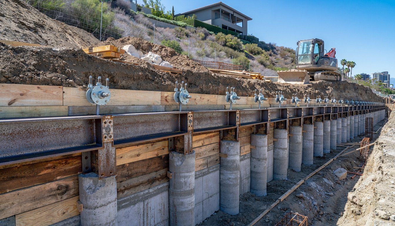 Soldier pile and tieback wall being built below a Los Angeles hillside home
