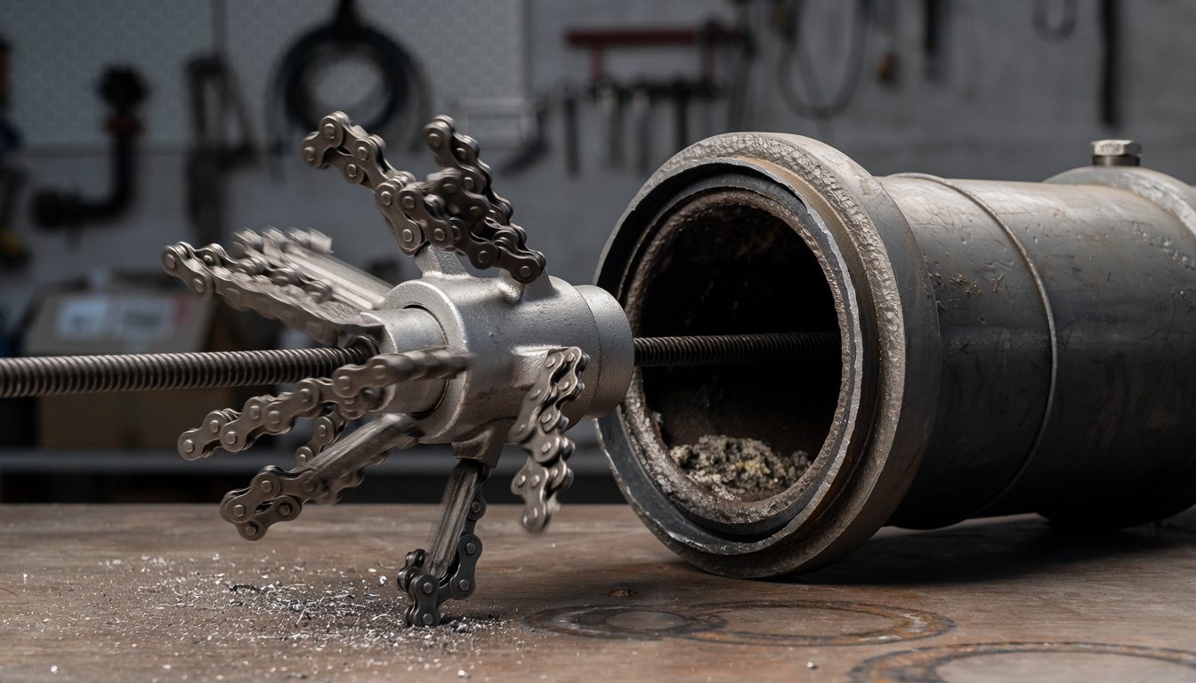 Mechanical chain knocker tool used to descale a cast iron sewer pipe