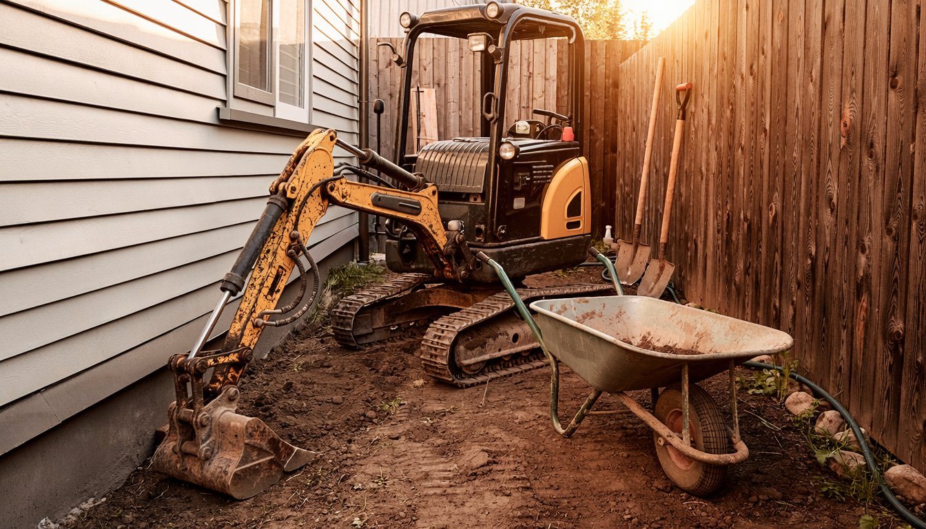 Mini excavator at the entrance of a narrow side yard with tight access