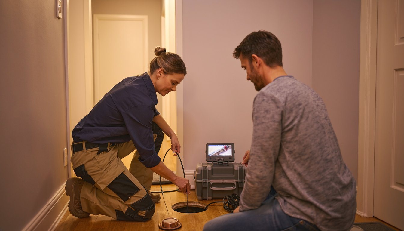 Plumber feeding a camera into a cleanout while a homeowner watches the monitor