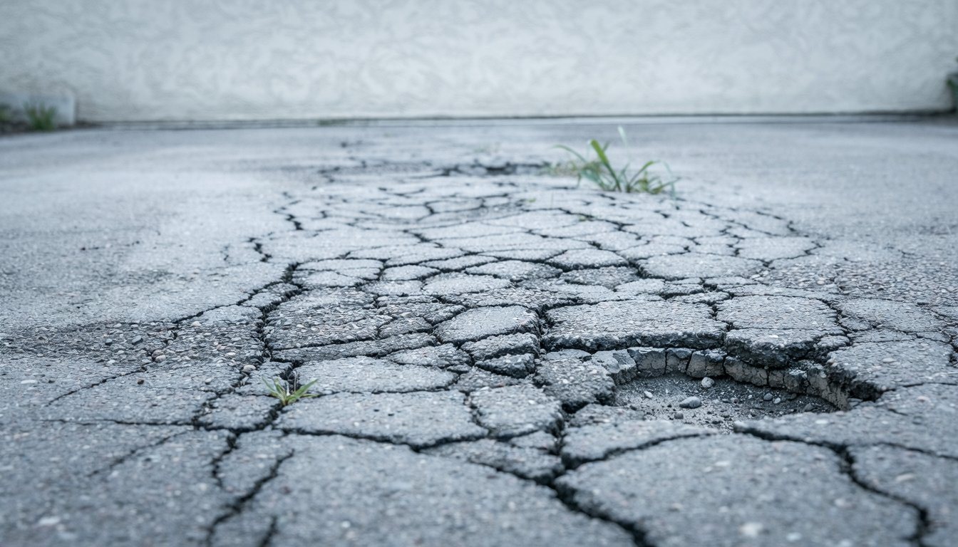 Old asphalt driveway with alligator cracking and a pothole, a sign of base failure