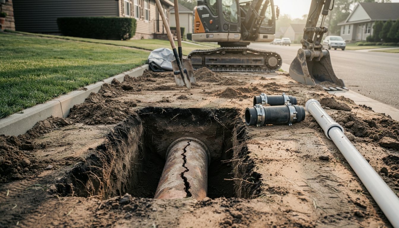 Small excavation exposing a cracked sewer pipe section with a replacement piece beside it