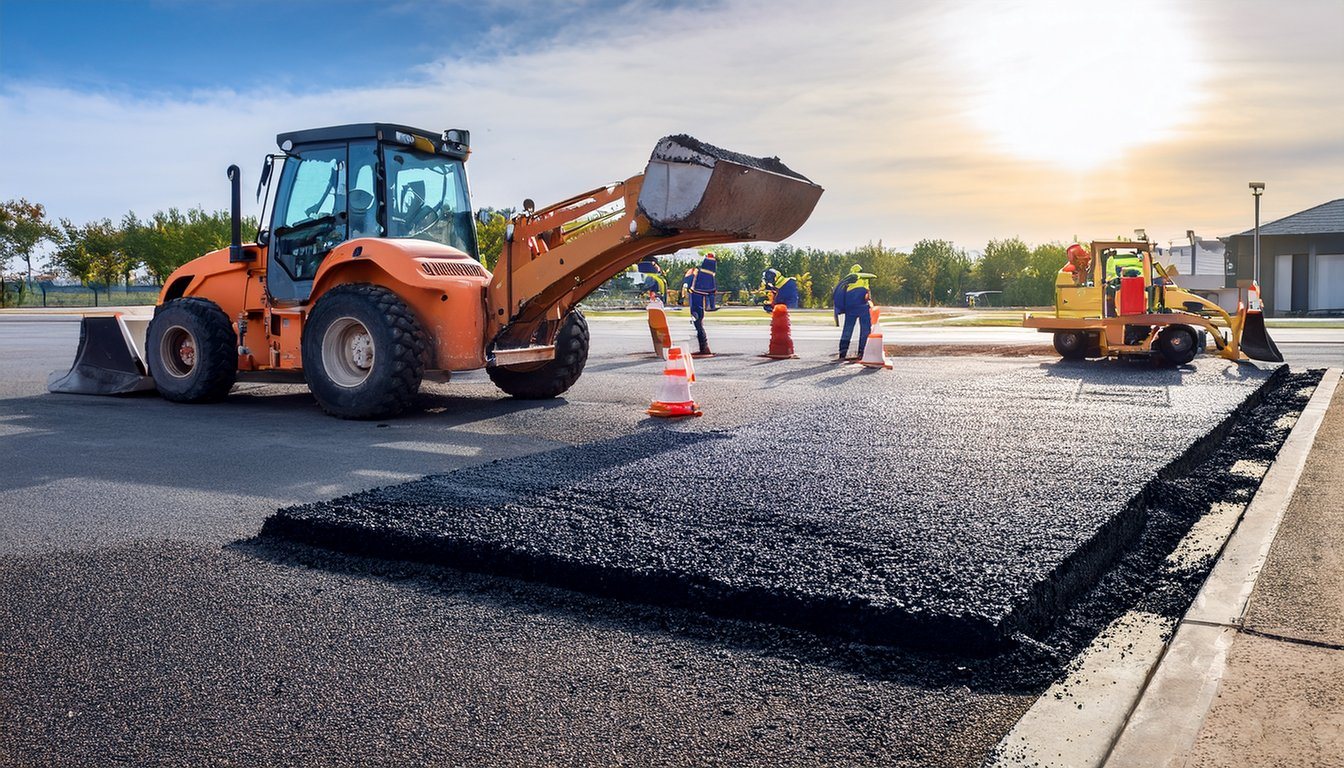 Crew placing new asphalt in a saw-cut full-depth patch in a parking lot
