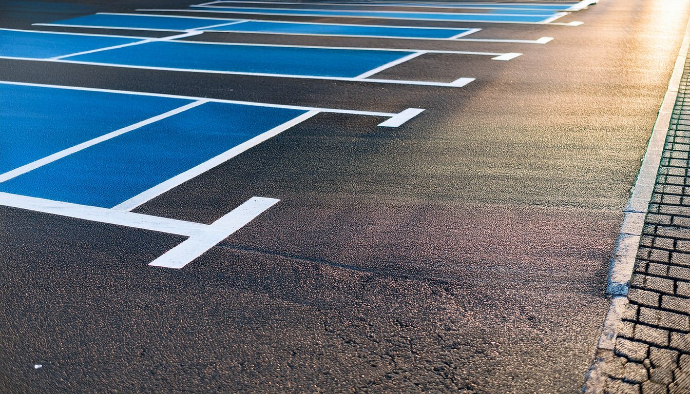 Freshly restriped parking stalls including an accessible space on new asphalt