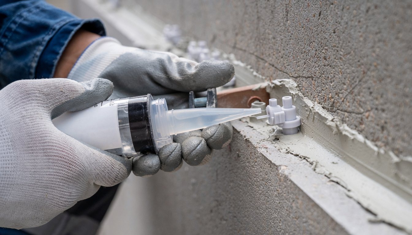 Epoxy being injected into a foundation crack through surface injection ports