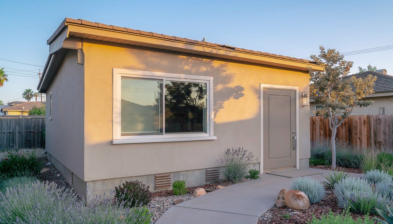 Converted garage in Los Angeles with the garage door opening replaced by a stucco wall, window and entry door