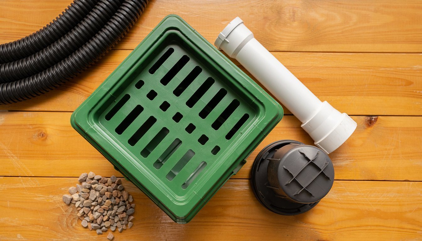 Yard drainage parts including a catch basin, pipe, pop-up emitter and gravel