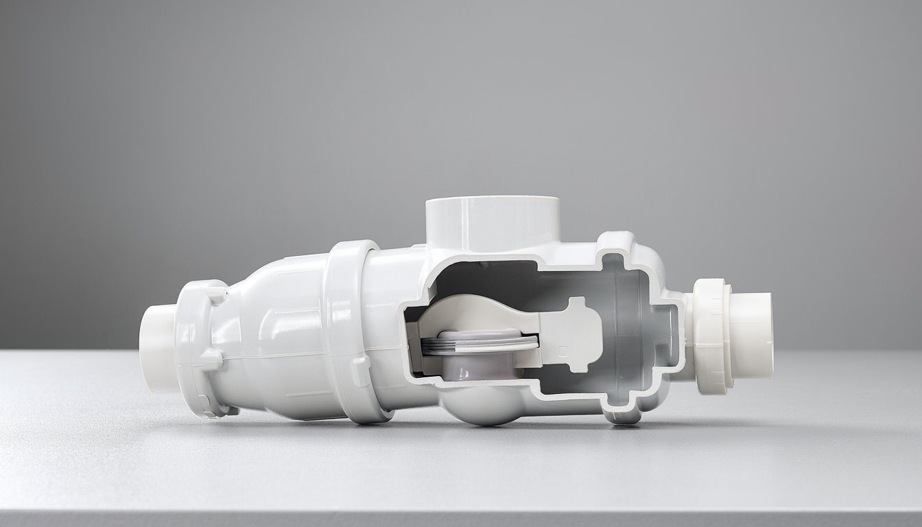 Cutaway of a sewer backwater valve showing the internal flap and float