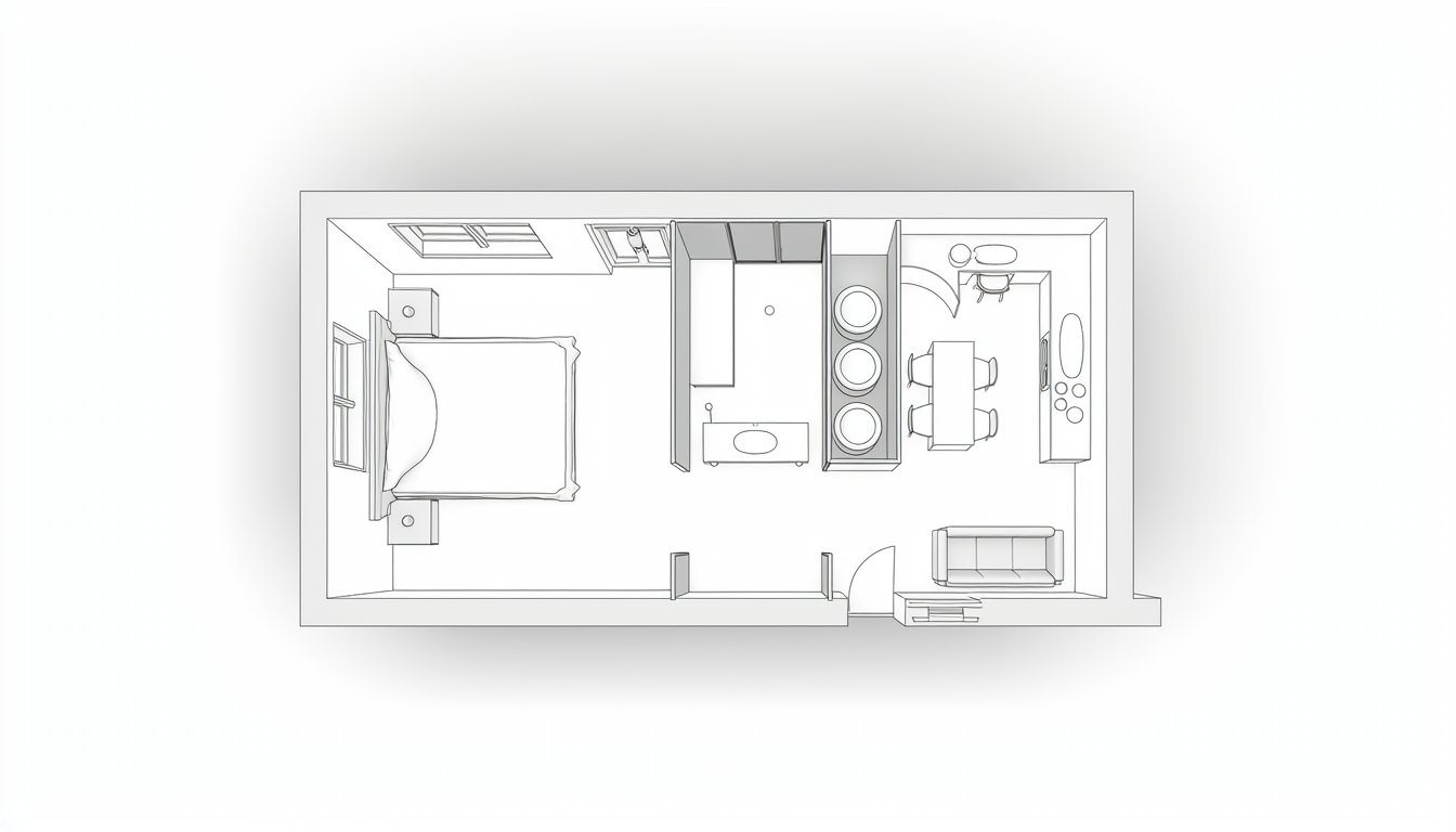 Floor plan illustration of a long 400 sq ft one-bedroom ADU with an L-shaped kitchen