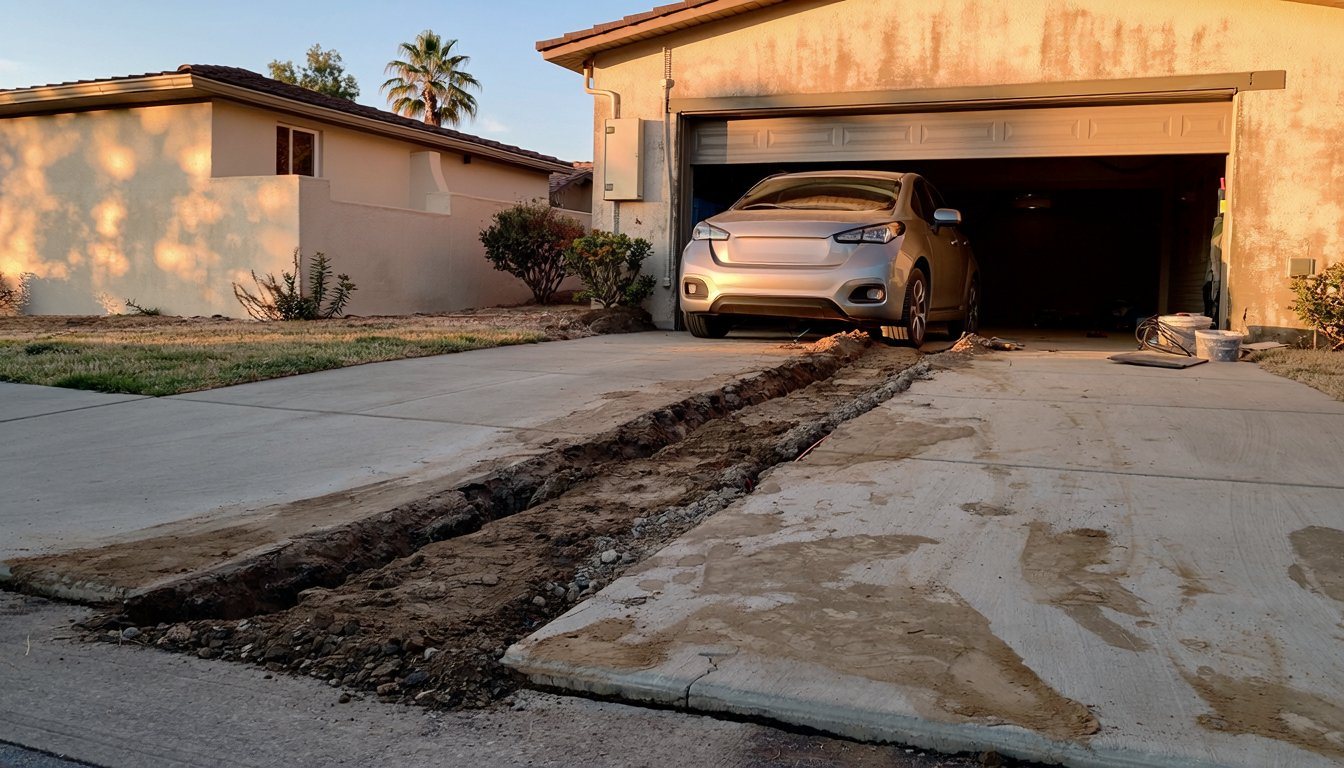 Trench line across a driveway to a detached garage for an EV charger circuit