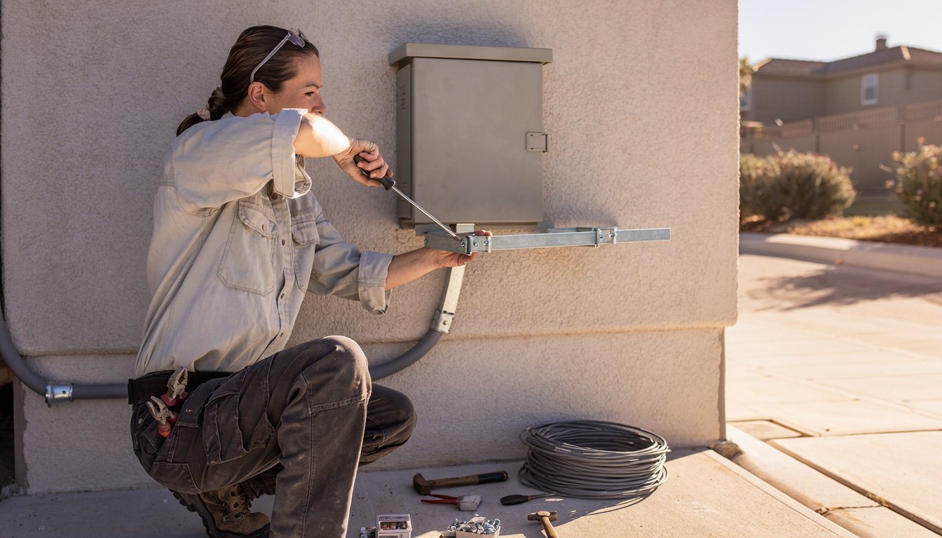 Electrician running conduit along a stucco wall from the panel toward the driveway