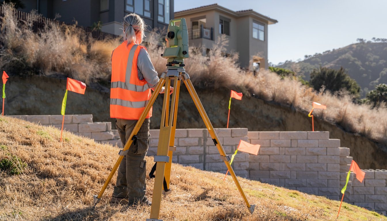 Surveyor's total station on a sloped backyard in the Los Angeles hills before a drainage plan is drawn