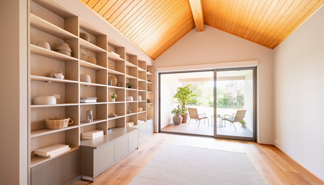 Small ADU interior with a vaulted ceiling, built-in shelves, and a glass door to a covered porch