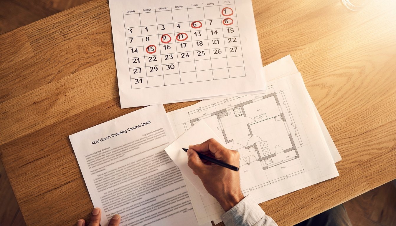 Homeowner tracking ADU permit review dates on a calendar next to plans