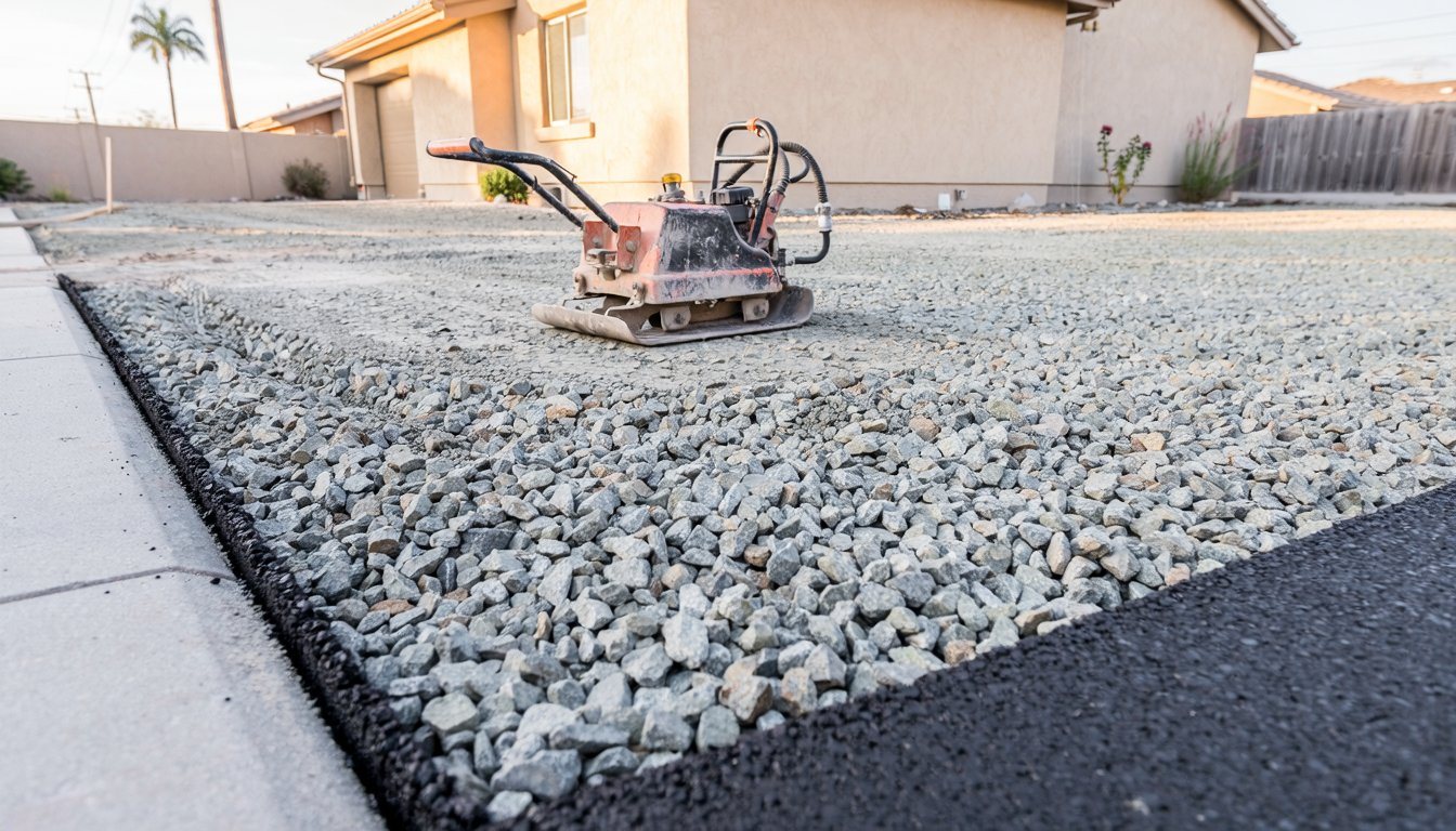 Compacted gravel base prepared for a new asphalt driveway in Los Angeles