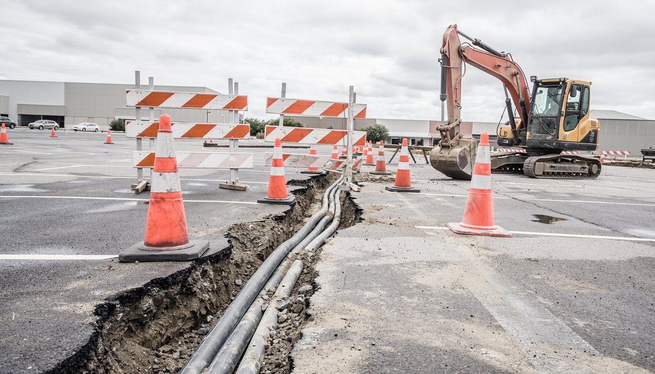 Trench with electrical conduit cut across a parking lot for EV chargers
